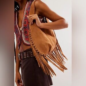 Free People Cognac Suede Fringe Shoulder Bag